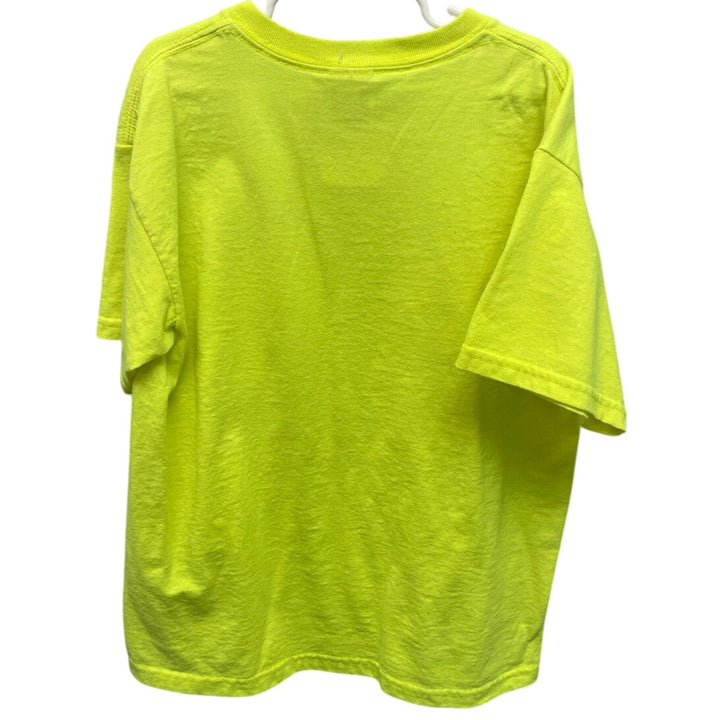 Hand Printed Upcycled Youth Medium Here Comes Chaos Neon Yellow Tee Shirt