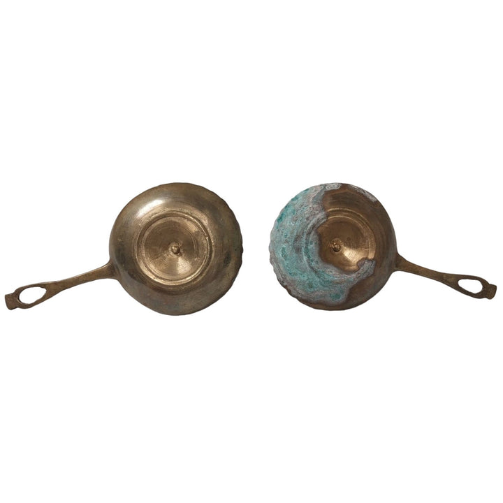 Vintage Pair Tarnished Patina Brass Taper Candle Holders Handles Wax Drip Tray