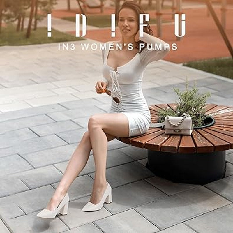 Idifu Womens Size 7.5 White Pointy Toe 3.5" Block Heel Slide On Pumps Shoes