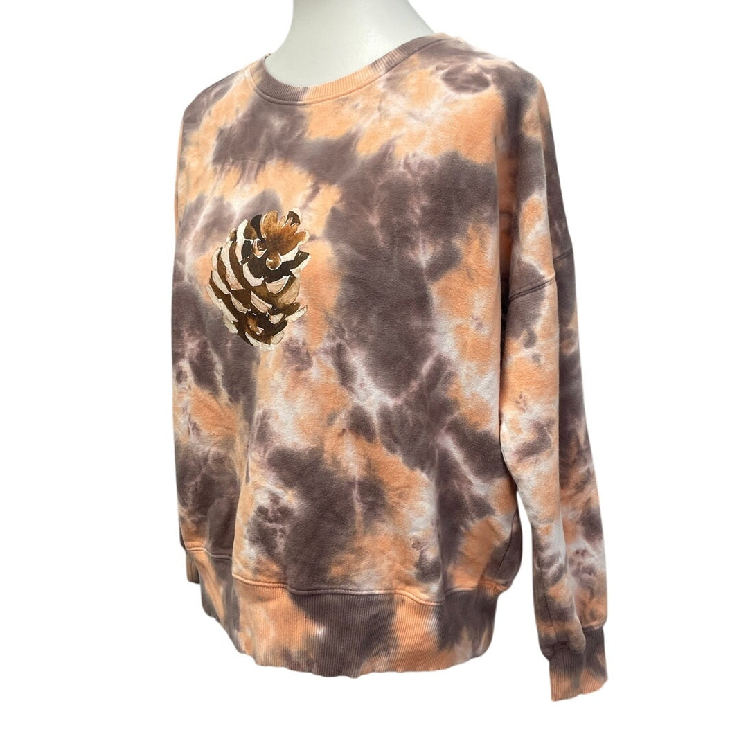 Hand Printed Upcycled Womens Small Tie Dye Pine Cone Long Sleeve Sweatshirt