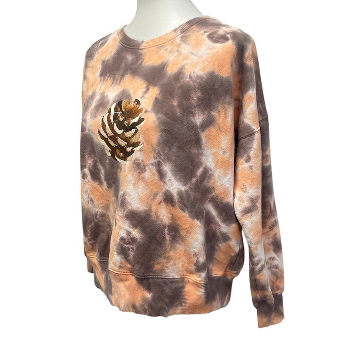 Hand Printed Upcycled Womens Small Tie Dye Pine Cone Long Sleeve Sweatshirt