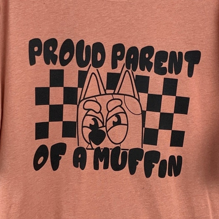 New Hand Printed Womens Large Proud Parent Of A Muffin Bluey Dog Tee Shirt