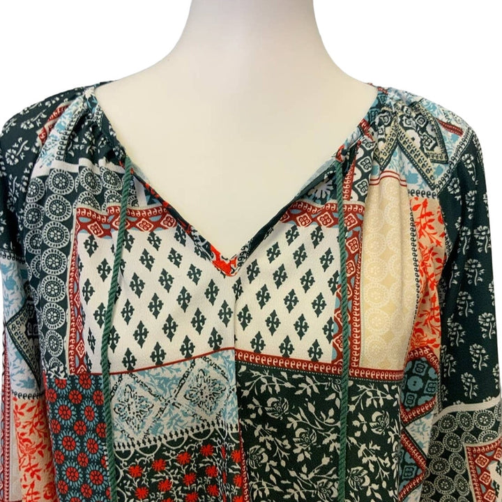 Womens Large V Neck Elastic Wrist Long Sleeve Boho Patchwork Lightweight Blouse