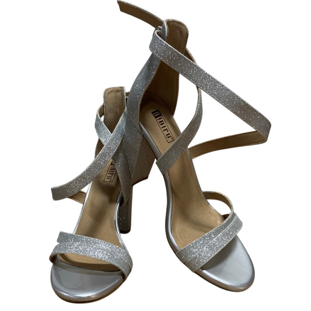 Idifu Womens Size 7.5 Silver Glitter 4" Heels Open Round Toe Ankle Strap Shoes