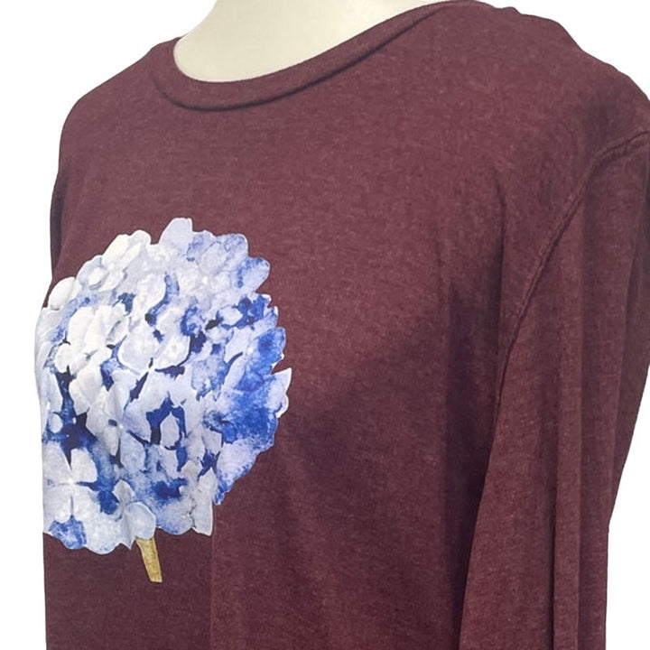 Hand Printed Upcycled Womens Large Hydrangea Floral Long Sleeve Tee Shirt