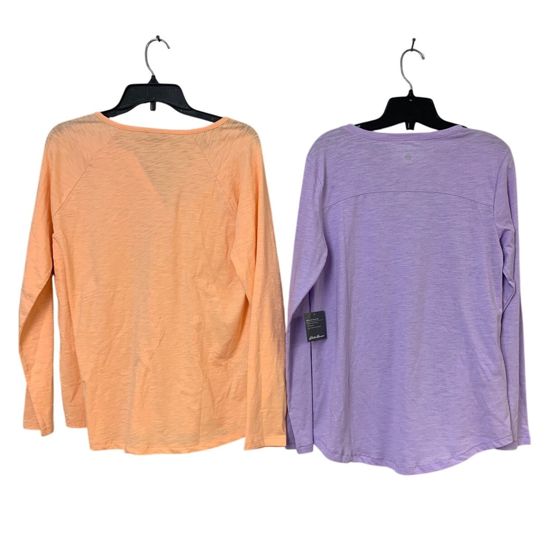 2 New Eddie Bauer Womens Small Daisy Slub Notch Neck Try Out Long Sleeve Shirts