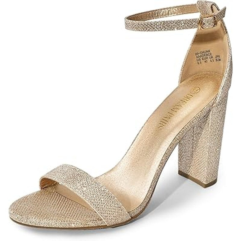 Dream Pairs Womens Size 8 Gold Glitter Open Toe 4" Block Heel Ankle Strap Shoes