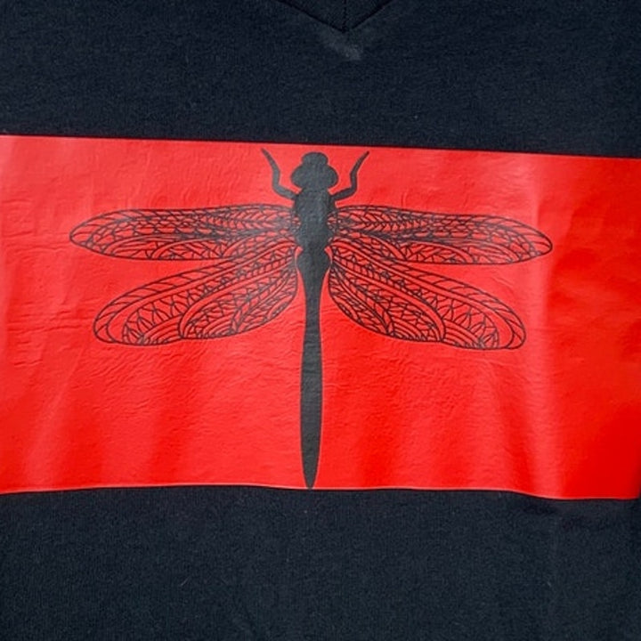 New Upcycled Hand Printed Womens Small Black Dragonfly Short Sleeve VNeck Tee