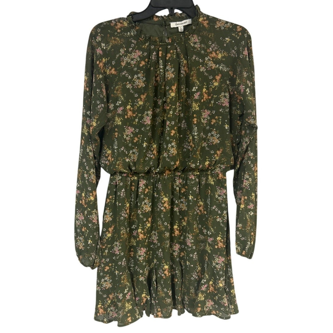 New Francescas Womens Large Green Orange Floral Gathered Waist Boho Flowy Dress