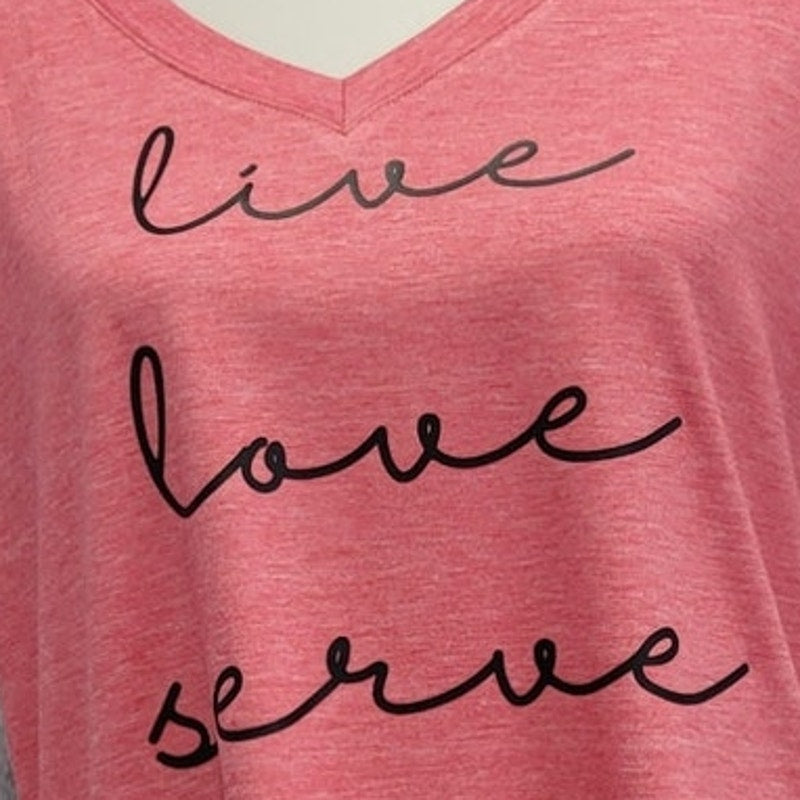 Hand Printed Upcycled Womens Large Live Love Serve V Neck Tee Shirt