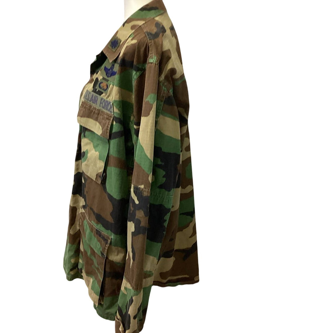 US Air Force Large Long Camouflage Long Sleeve Button Up Uniform Shirt Patches