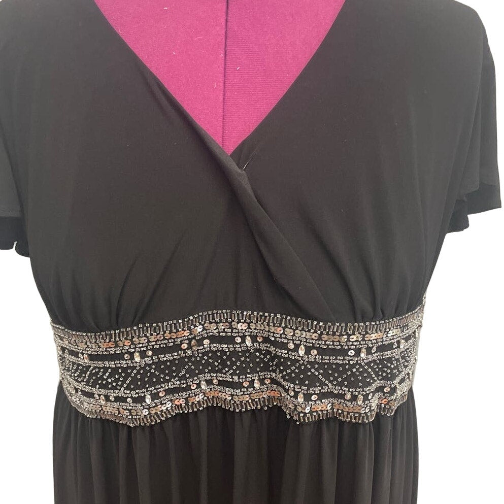 R&amp;M Richards Womens Plus Size 24W Short Sleeve Deep V Neck Beaded Waist Dress