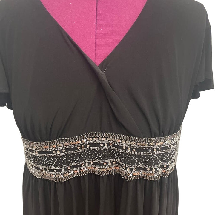 R&amp;M Richards Womens Plus Size 24W Short Sleeve Deep V Neck Beaded Waist Dress
