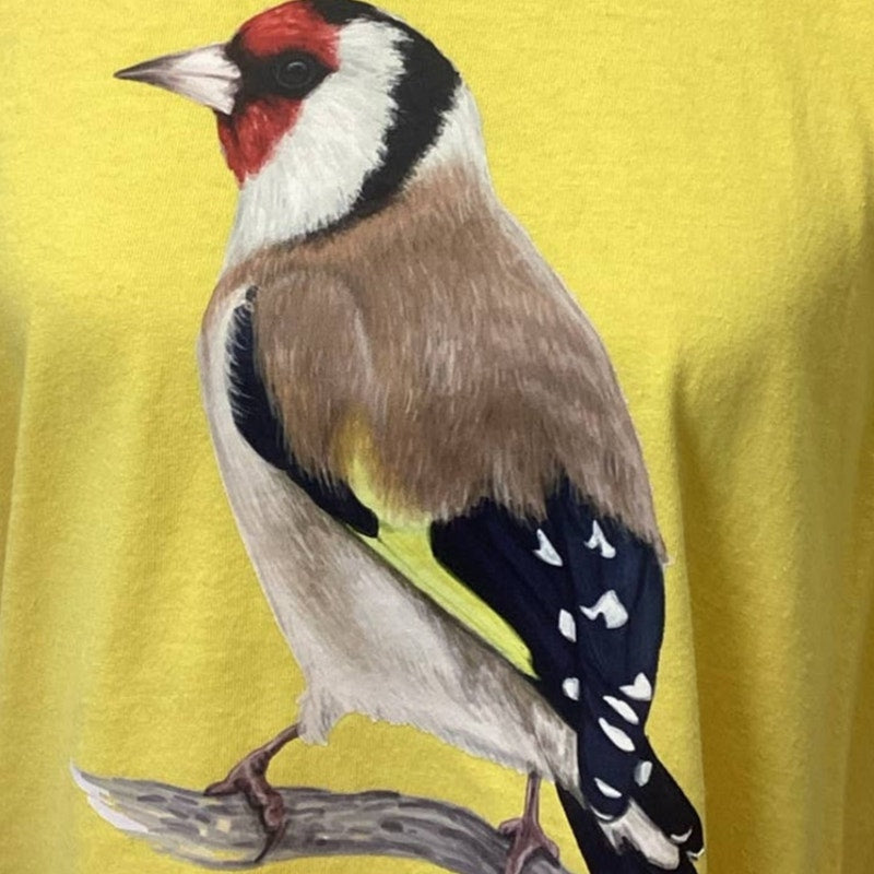 Hand Printed Upcycled Womens Large European Goldfinch Bird Cotton Tee Shirt