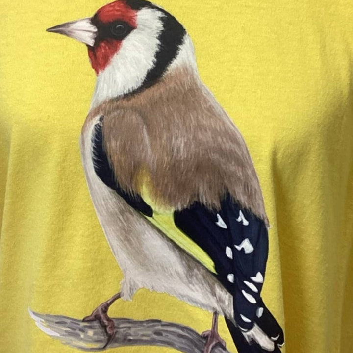 Hand Printed Upcycled Womens Large European Goldfinch Bird Cotton Tee Shirt