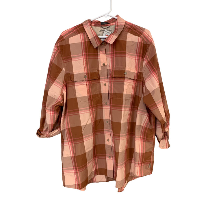New Eddie Bauer Womens T2XL 2X Tall Classic Fit Plaid Long Sleeve Buttoned Shirt