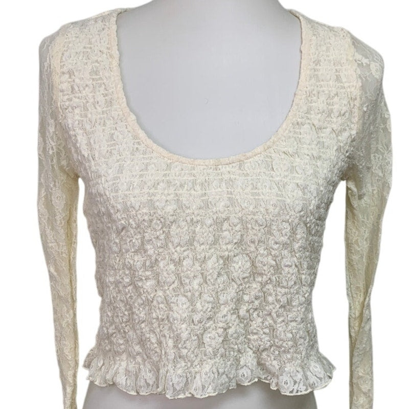 New American Eagle Womens Medium Cream Long Sleeve Lacy Sheer Smocked Top