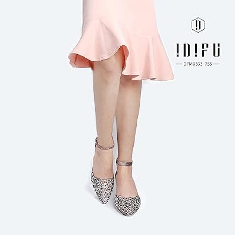 Idifu Womens 9 Rhinestone Glitter 2.5" Pearl Heel Closed Toe Ankle Strap Shoes