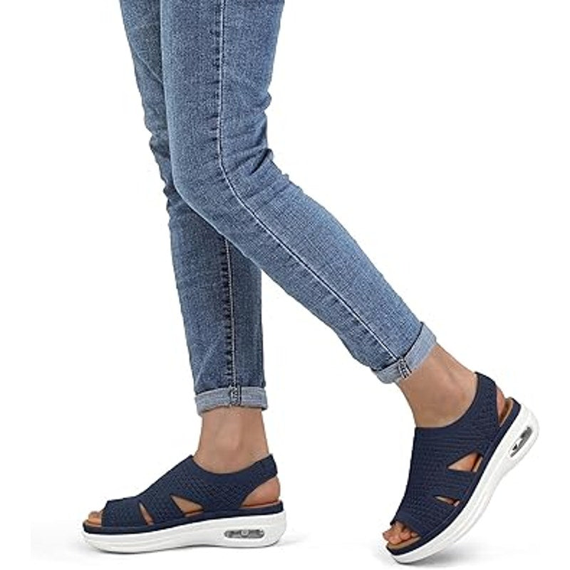 Mysoft Womens Size 6.5 Navy Blue Woven Fabric Air Cushion Walking Sandals Shoes