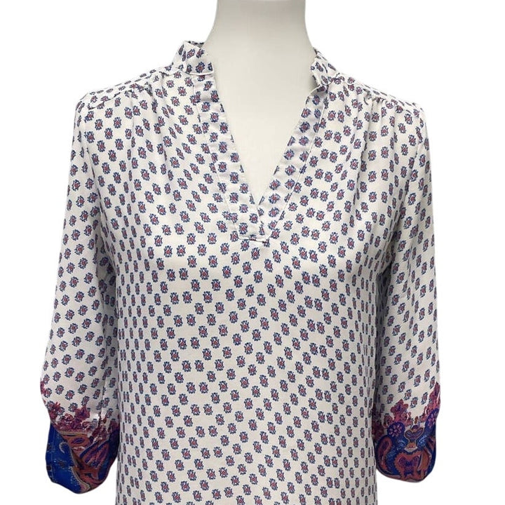 Wishful Park Small Red Blue White Floral Polka Dot Hi Low 1/2 Button Blouse Top