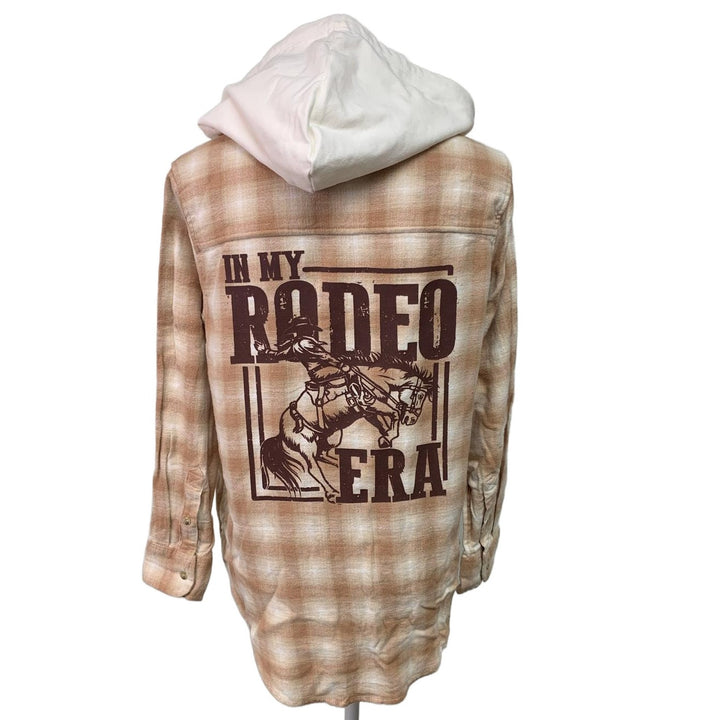 New Hand Printed Womens Large In My Rodeo Era Long Sleeve Plaid Flannel Hoodie