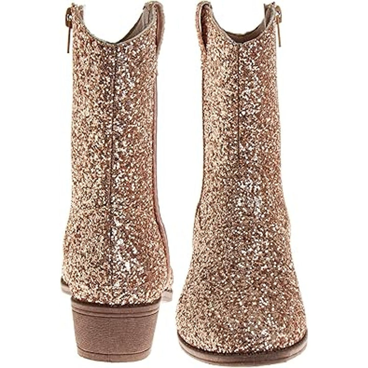 New Josmo Big Girls 4 Rose Gold Glitter Mid Calf 1.5" Heel Zip Cowboy Boot Shoes