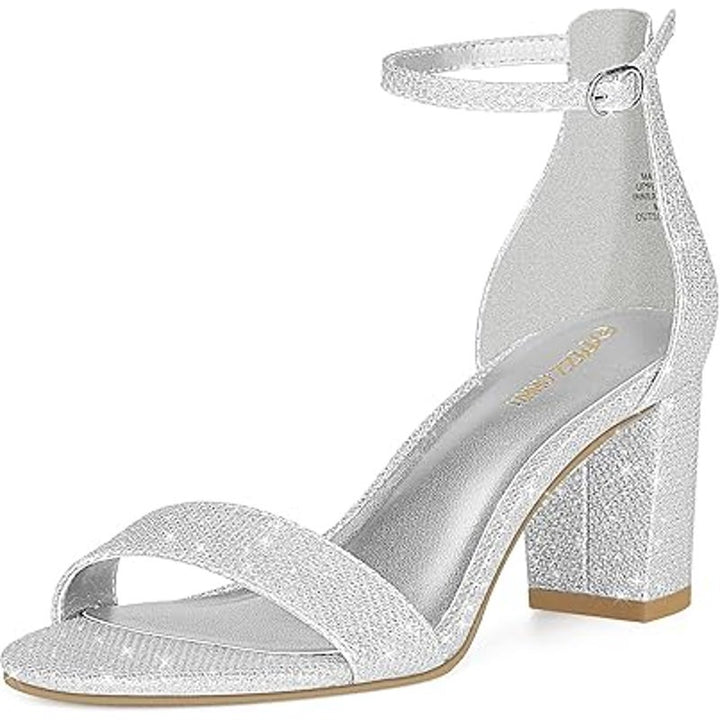 Pizz Annu Womens Size 7 Silver Glitter 2.5" Heel Open Toe Ankle Strap Shoes
