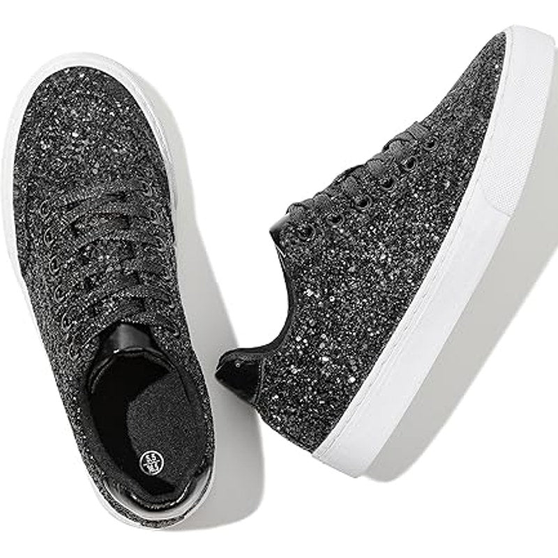 Jeekopeg Womens Size 6 Black Glitter Sparkly Lace Up Low Cut Sneaker Shoes
