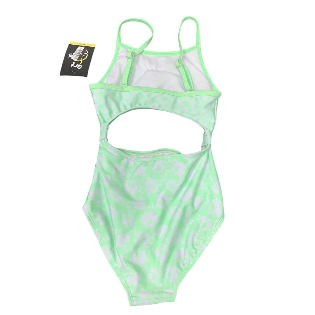 New Art Class Girls Medium (8) Open Front Neon Green Floral 1PC Swim Suit