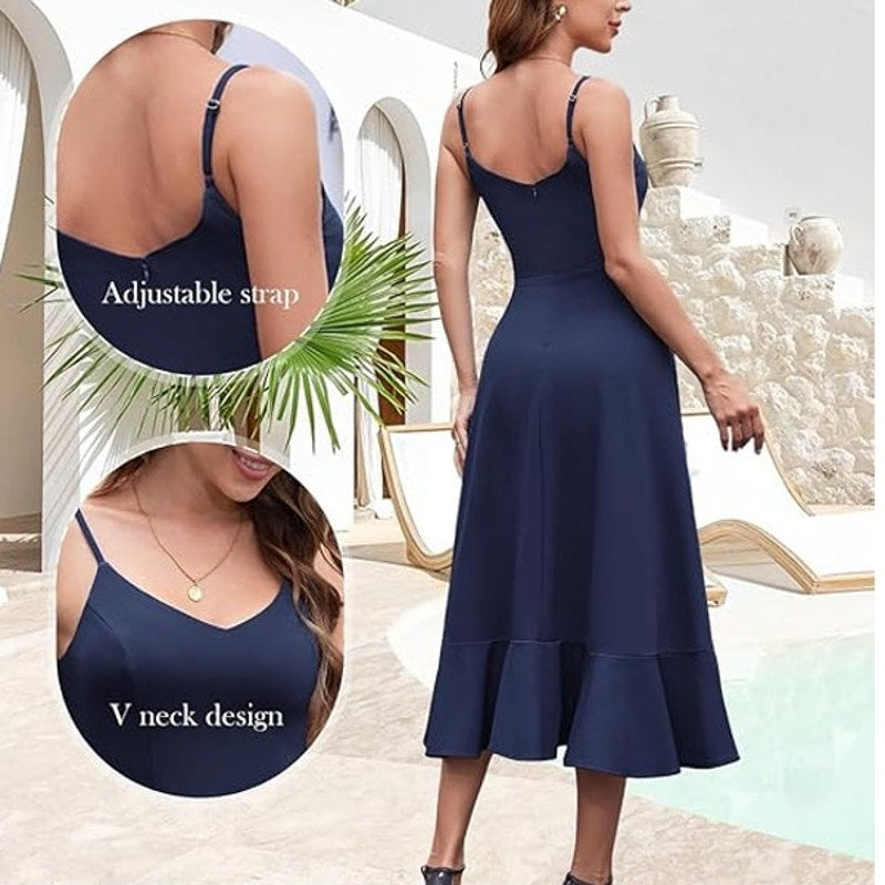 Dress Tells Womens Medium Navy Thin Strap Back Zip High Low Fit n Flare Dress
