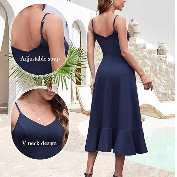 Dress Tells Womens Medium Navy Thin Strap Back Zip High Low Fit n Flare Dress