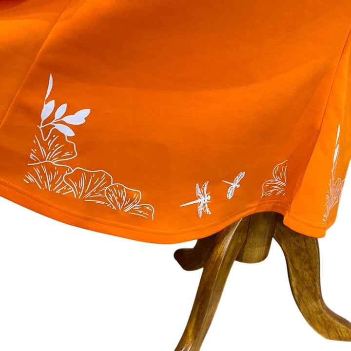 Vintage Hand Printed XL Dragonfly Long Sleeve Polyester Orange Flutter Hem Dress
