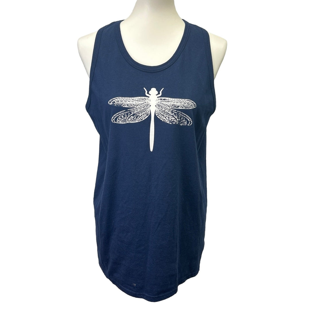 Hand Printed Upcycled Mens Medium Dragonfly PolyCotton Tank Top Sleeveless Tee