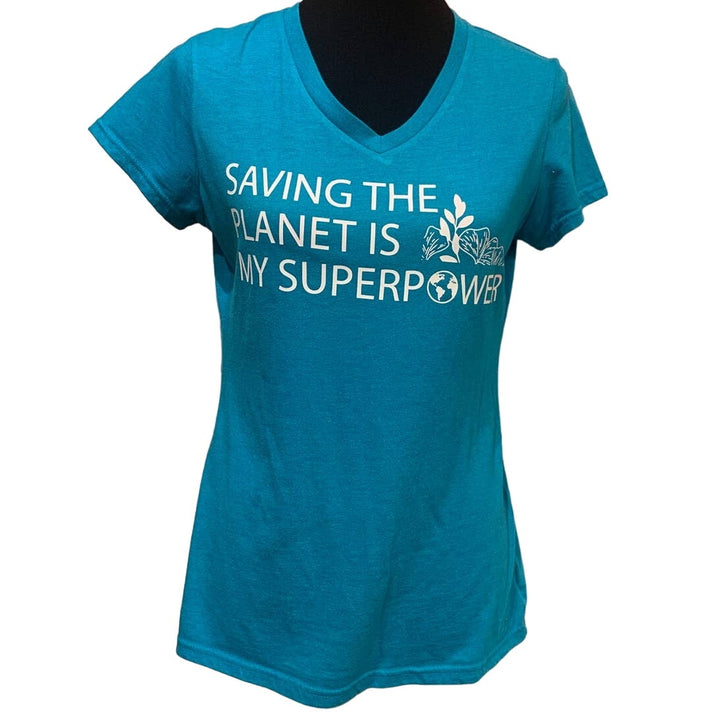 Hand Printed Upcycled Womens Medium Saving the Planet is My Superpower VNeck Tee