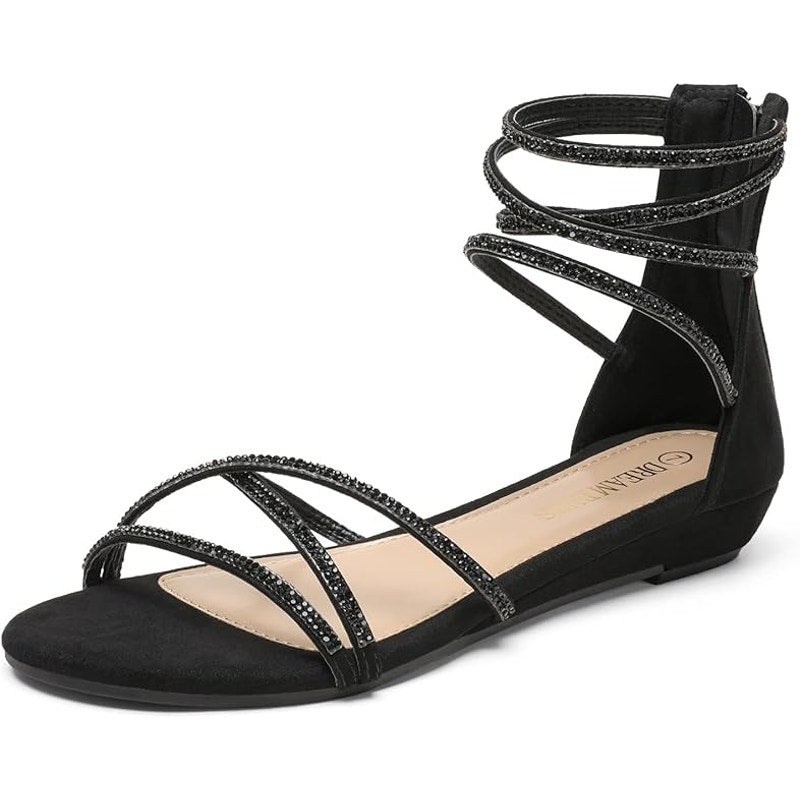 Dream Pairs Womens Size 8 Black Faux Suede Rhinestone Ankle Strap Flat Sandals