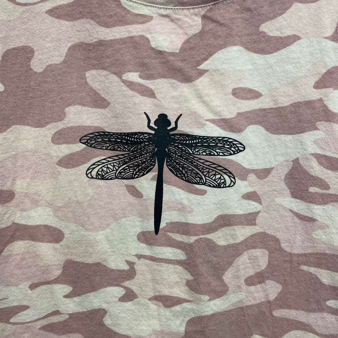 Hand Printed Upcycled Child XL (14/16) Dragonfly Short Sleeve Pink Camo Tee