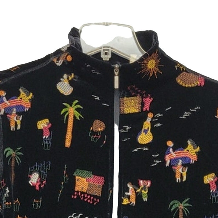 Chicos Design Womens Medium Rayon Silk Embroidered Villager People Zip Jacket