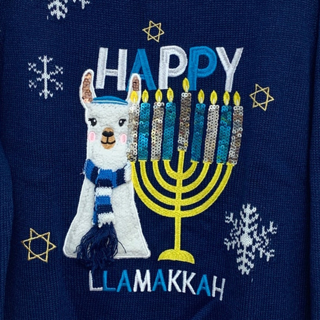 NWT New Holiday Lane Womens Blue Happy Llamakkah Hannukah Long Sleeve Sweater