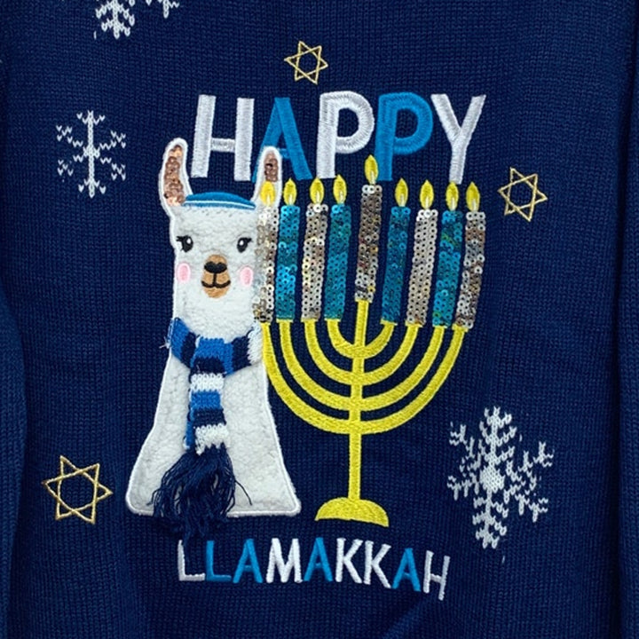 NWT New Holiday Lane Womens Blue Happy Llamakkah Hannukah Long Sleeve Sweater