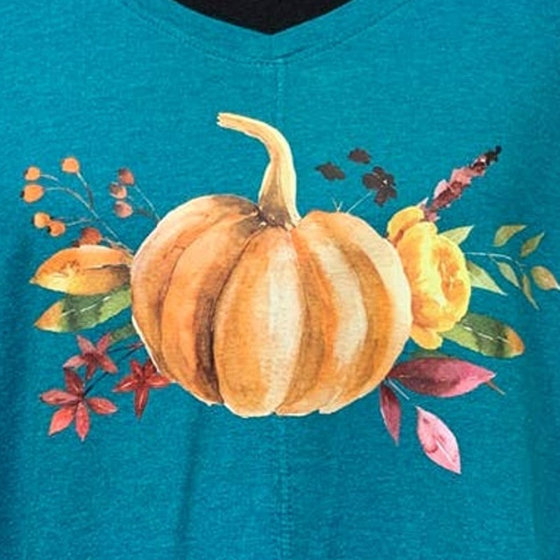 Hand Printed Upcycled 4X Pumpkin Autumn Flower Bouquet Long Sleeve V-Neck Tee