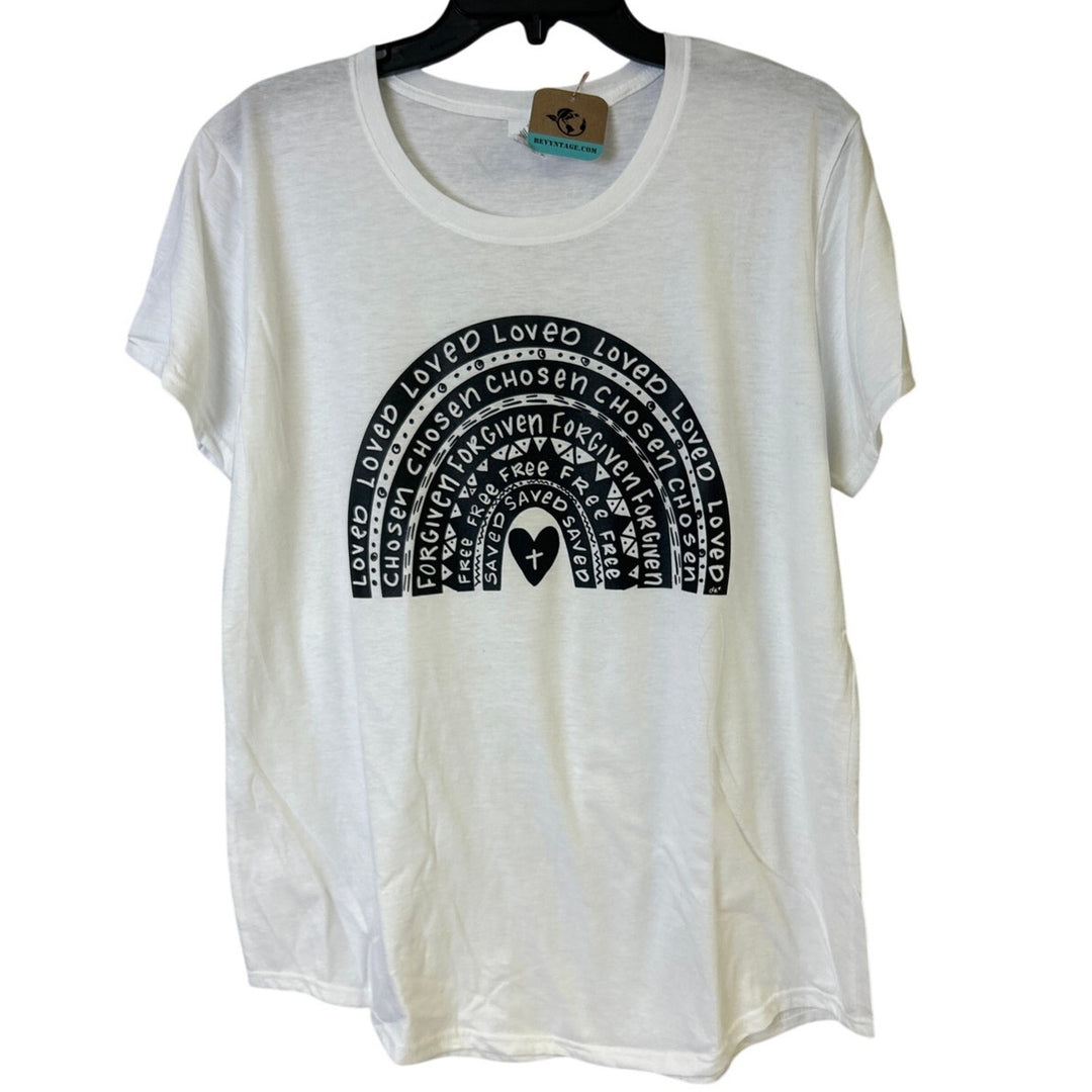 New Hand Printed Womens Large Jesus Loved Chosen Forgiven Free Rainbow Tee Shirt