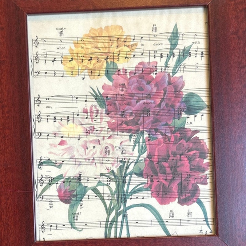 Handmade Upcycled Vintage Sheet Music Pink Carnation Flower Wood Framed Art