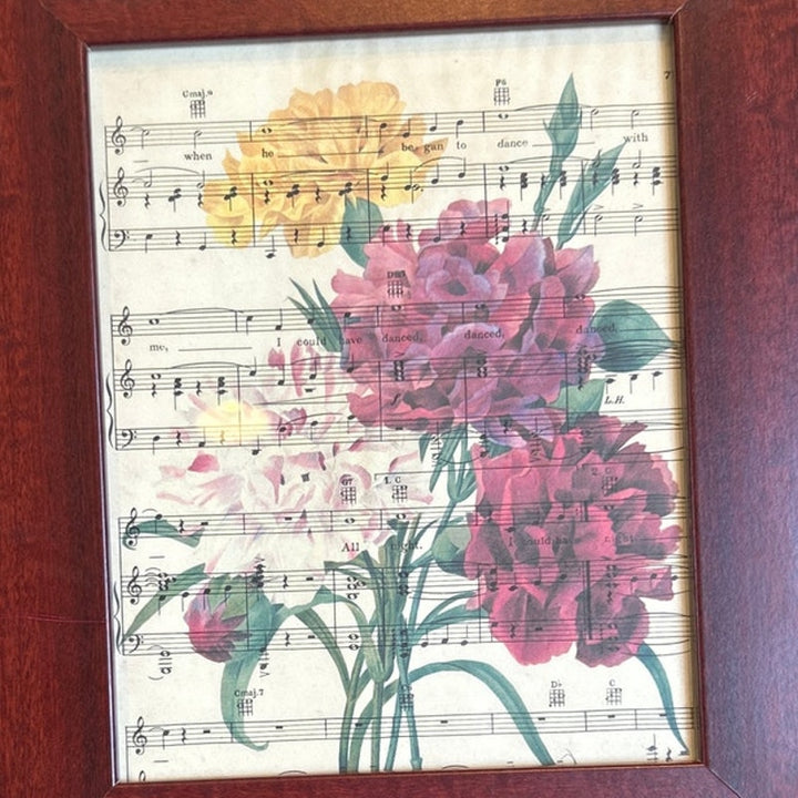 Handmade Upcycled Vintage Sheet Music Pink Carnation Flower Wood Framed Art