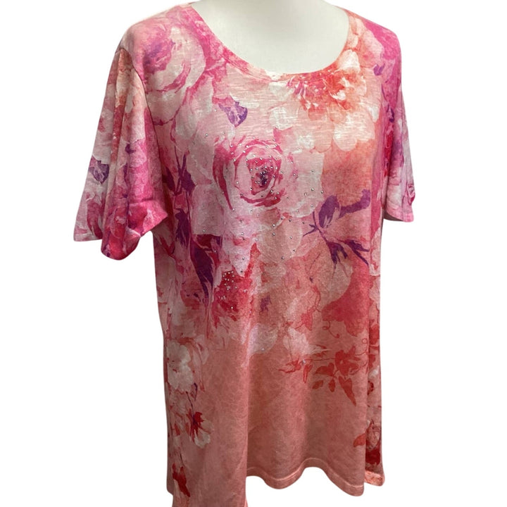Concepts Womens XXL Short Sleeve Sequined Rose Flower Crew Neck Tee Shirt Blouse