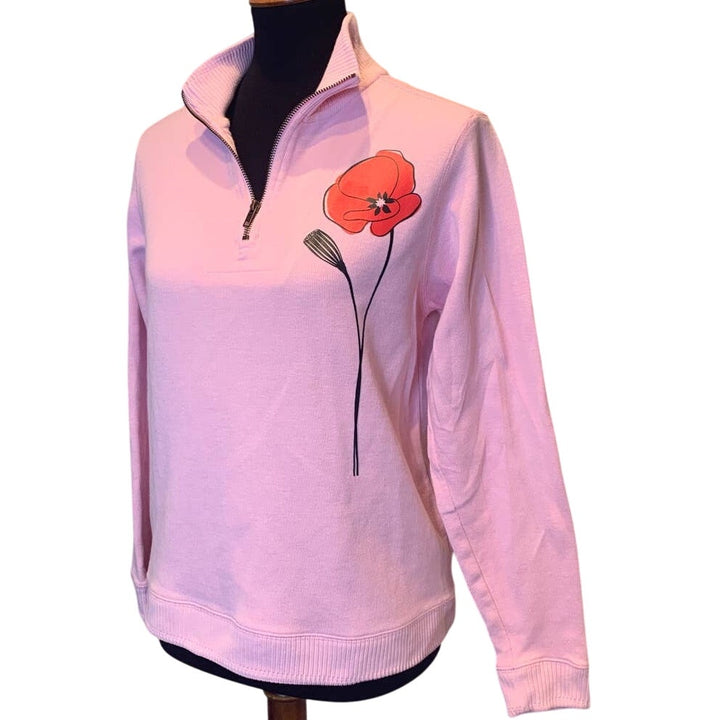 Hand Printed Upcycled Womens Large Red Poppy Flower Cotton 1/4 Zip Sweater