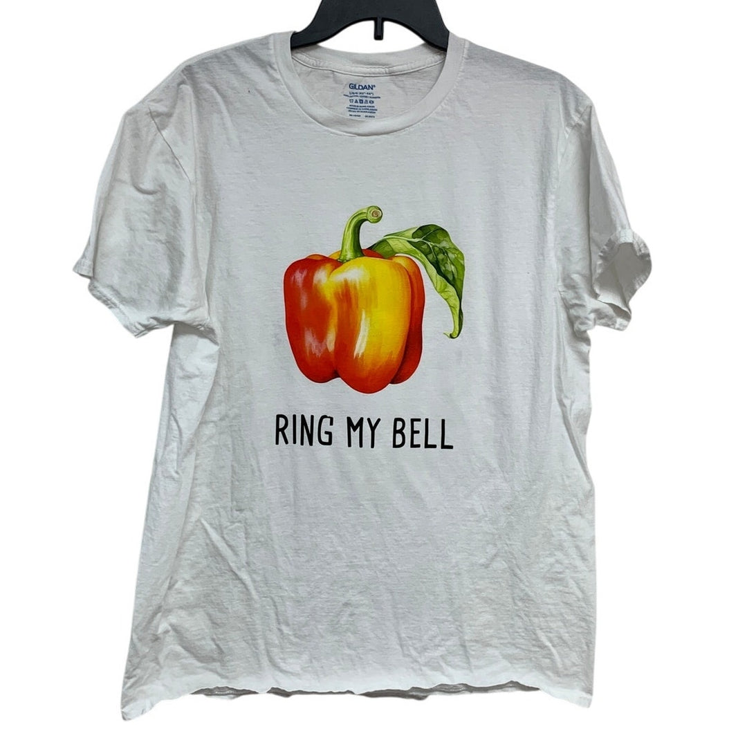 New Hand Printed Adult Large Ring My Bell Pepper Veggie Short Sleeve Tee Shirt