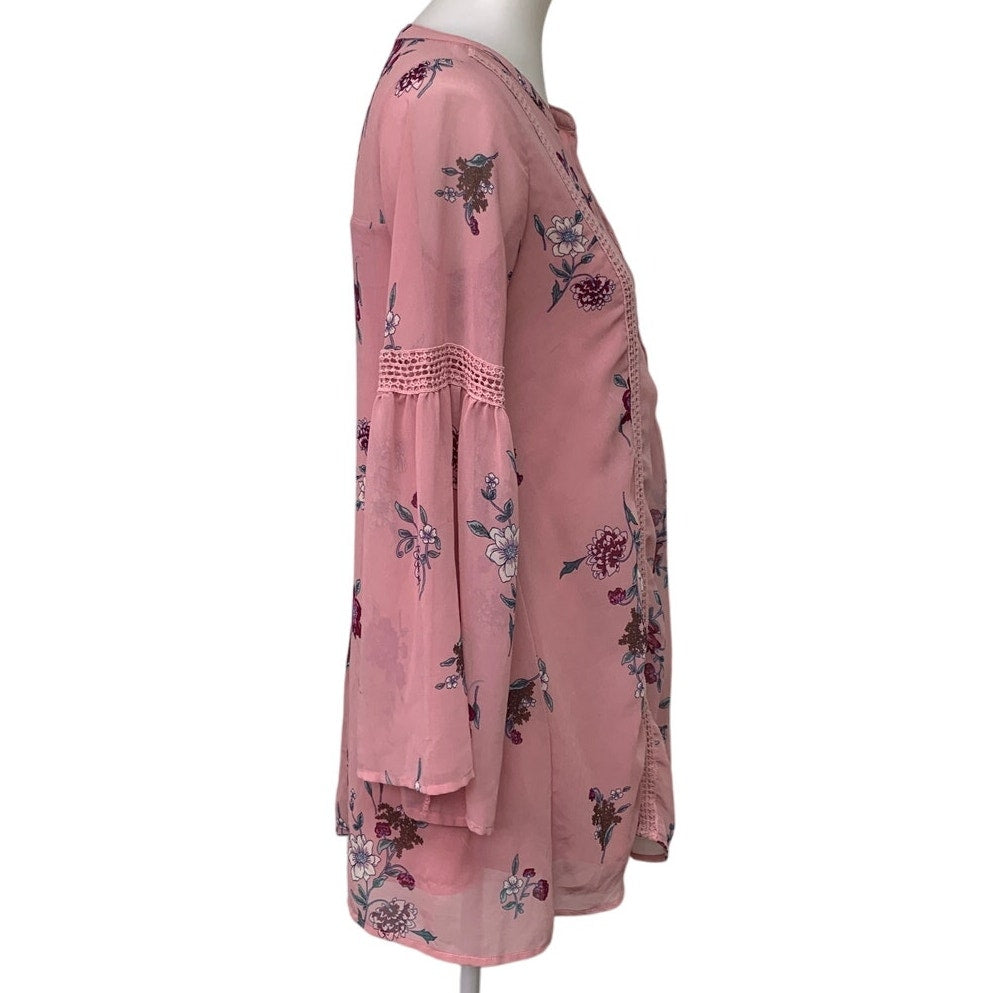 Sequin Hearts Womens XS Boho Long Bell Sleeve Flowy Pink Floral VNeck Mini Dress
