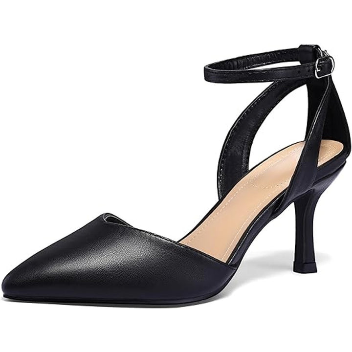 MySoft Womens 7 Black Faux Leather Closed Toe Ankle Strap 3" Heel Pumps Shoes