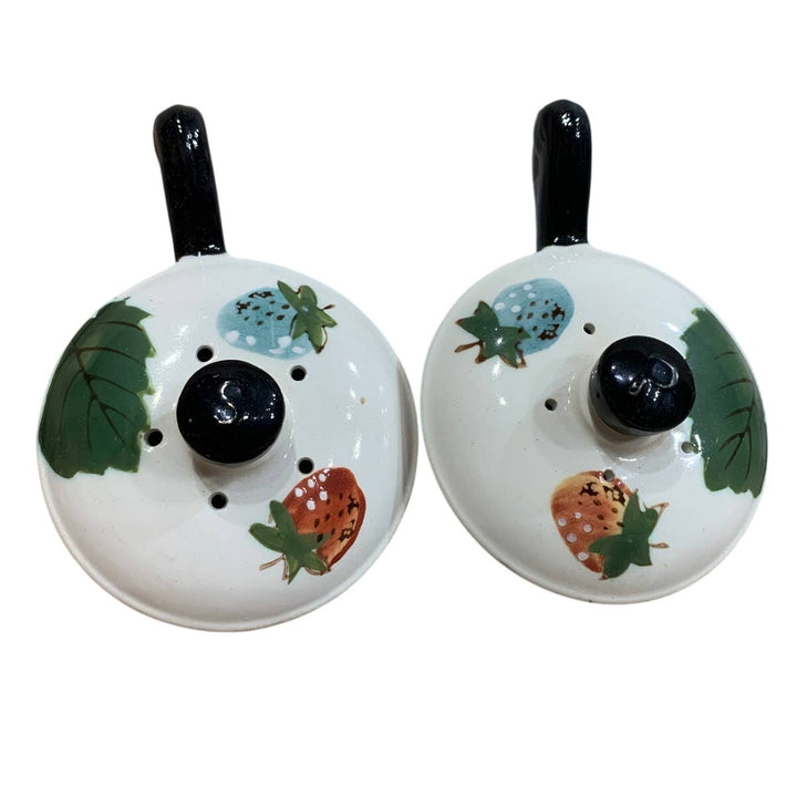 Vintage Enesco Imports Japan Ceramic Strawberry Sauce Pan Salt Pepper Shaker Set
