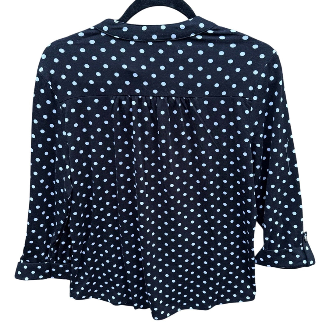 NWT New Adele &amp; May Womens Medium Black Polka Dot Quarter Button Long Sleeve Top